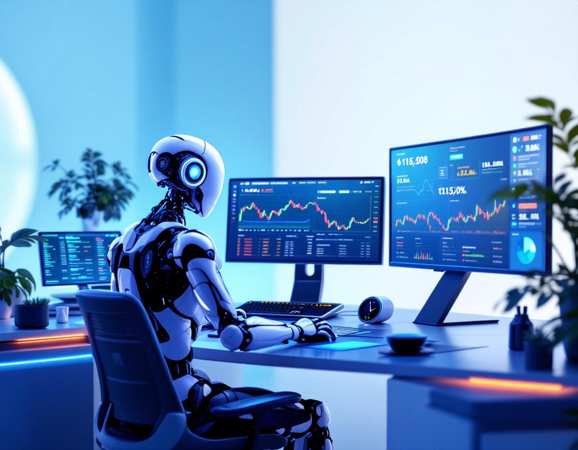 A humanoid AI trading bot at a futuristic workstation analyzing market data on multiple screens.