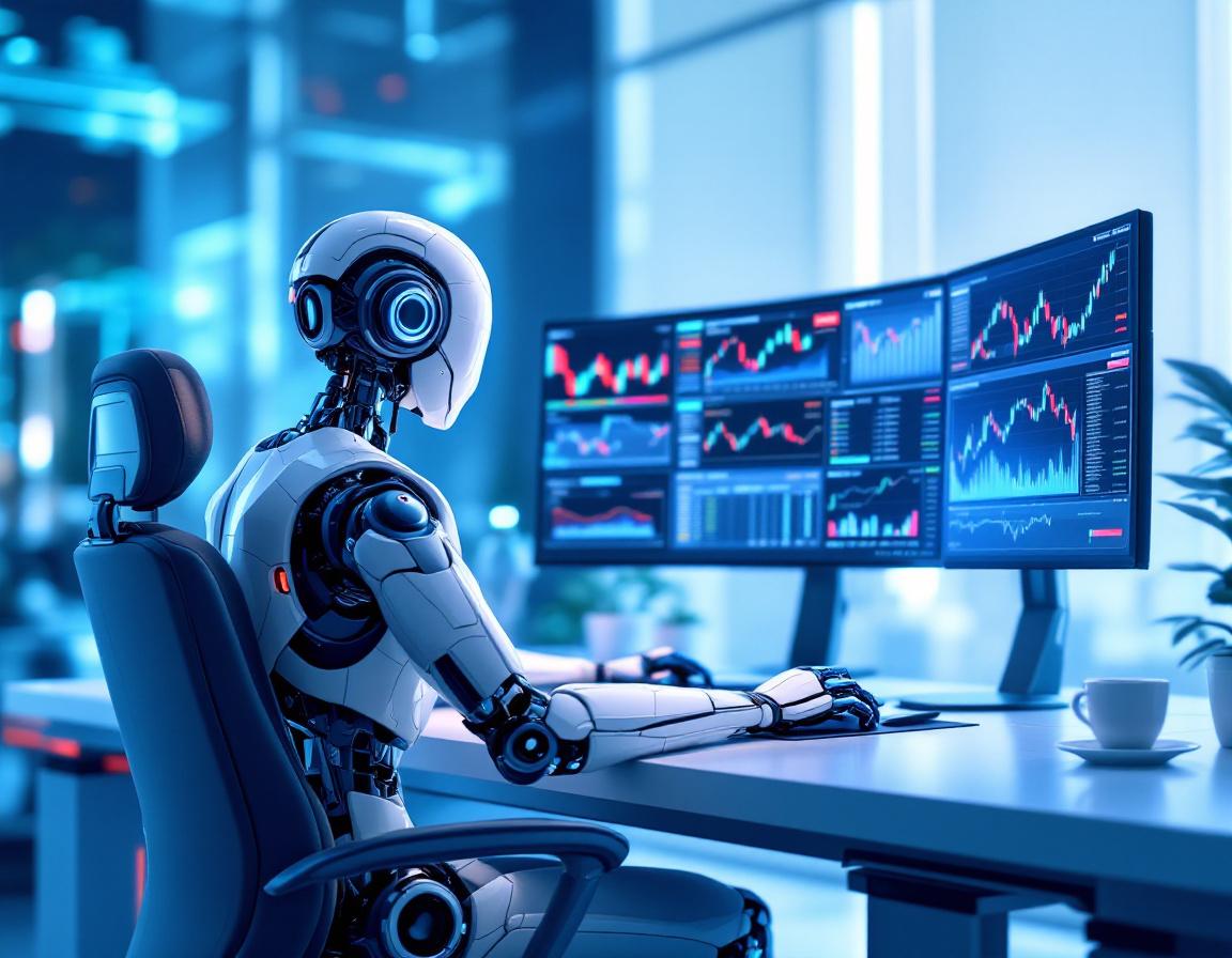 A hyper-realistic AI trading bot at a high-tech workstation analyzing crypto and stock market data.