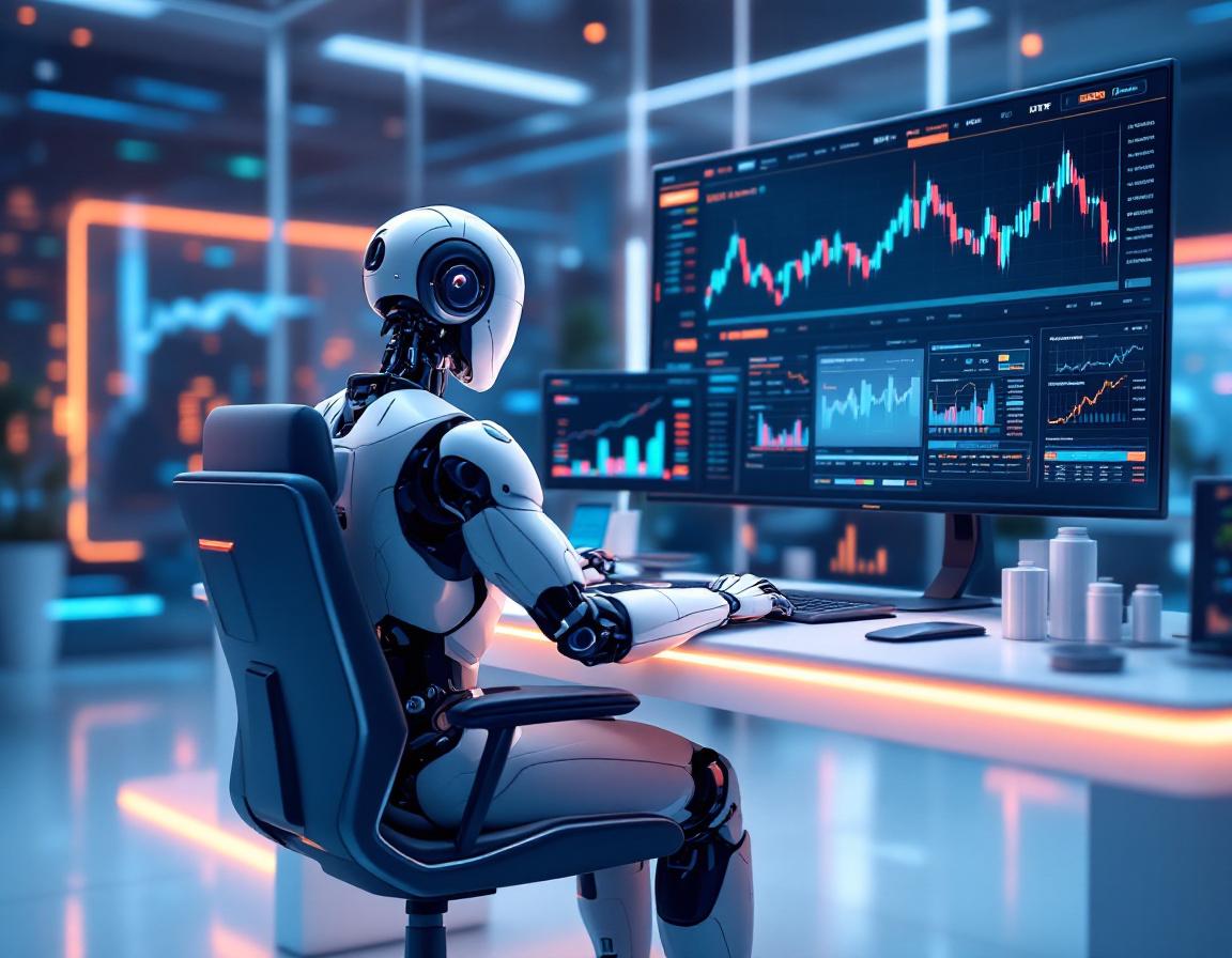 A humanoid AI trading bot at a high-tech workstation, analyzing market data across multiple screens.