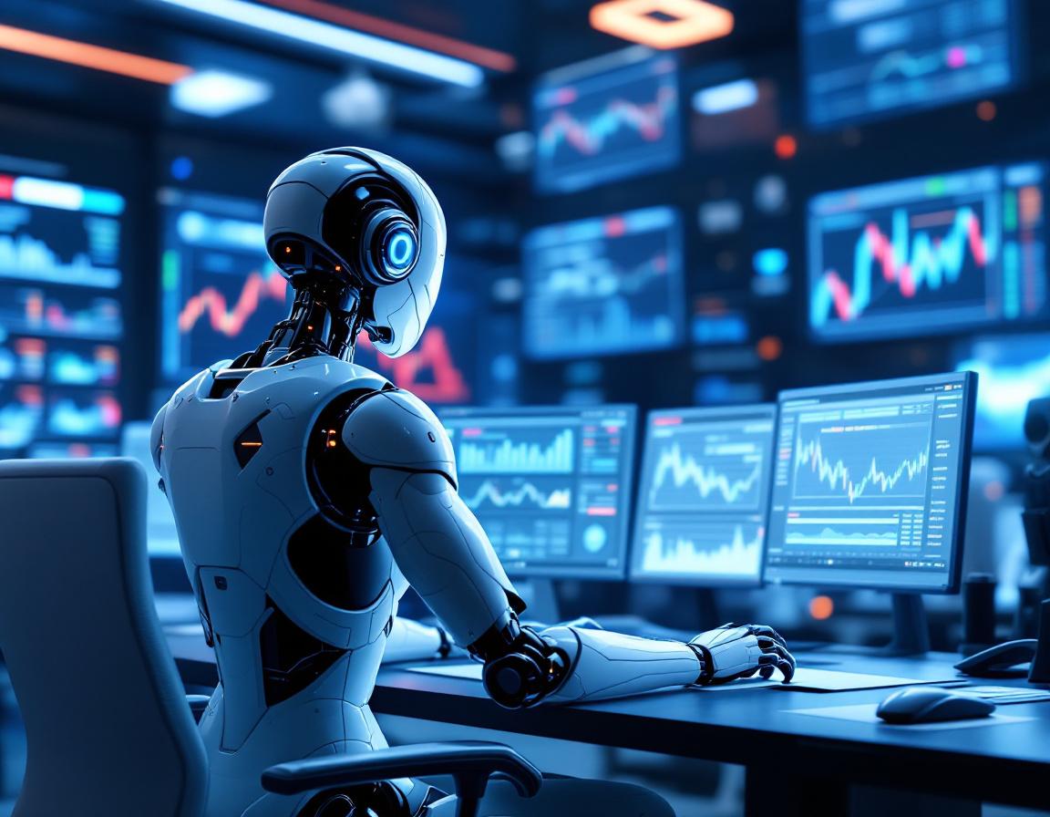 A humanoid AI trading bot at a high-tech workstation analyzes cryptocurrency and stock market data.
