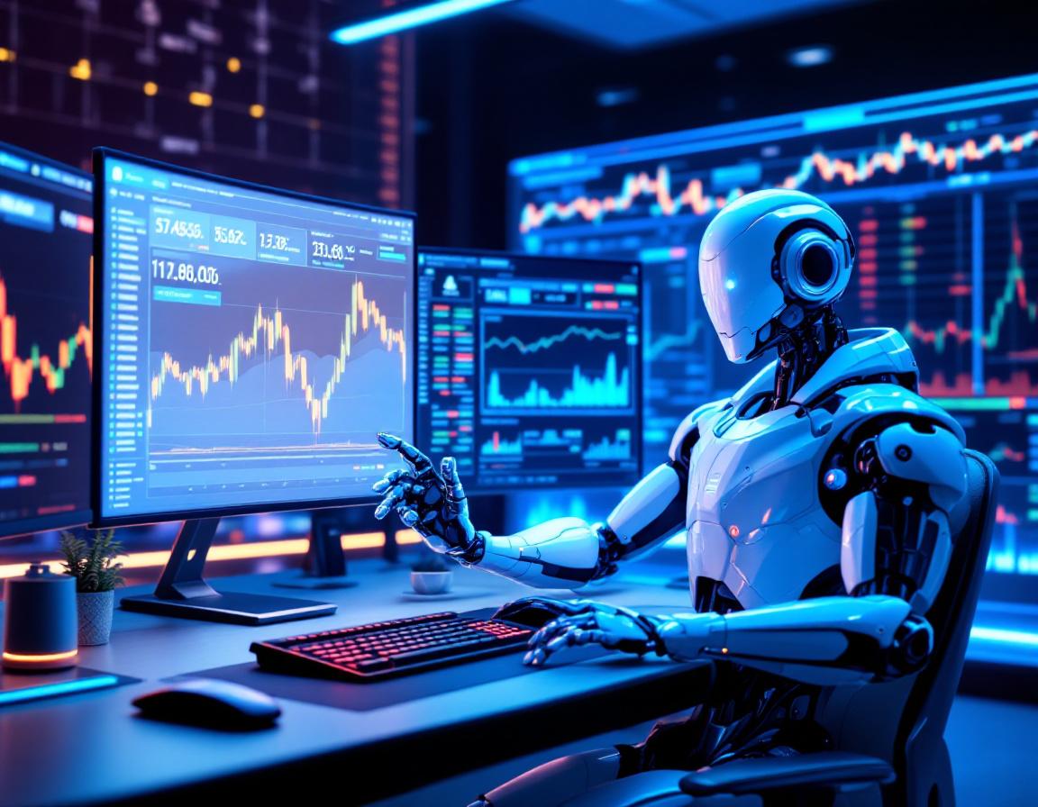 A humanoid AI trading bot analyzes market data at a high-tech workstation with multiple screens.