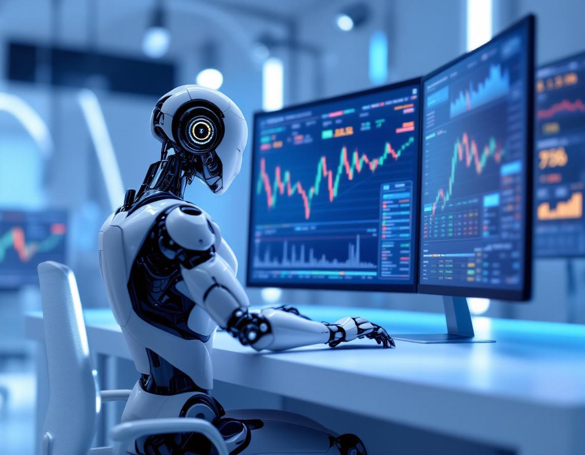 A hyper-realistic AI trading bot at a workstation, analyzing data across multiple market screens.