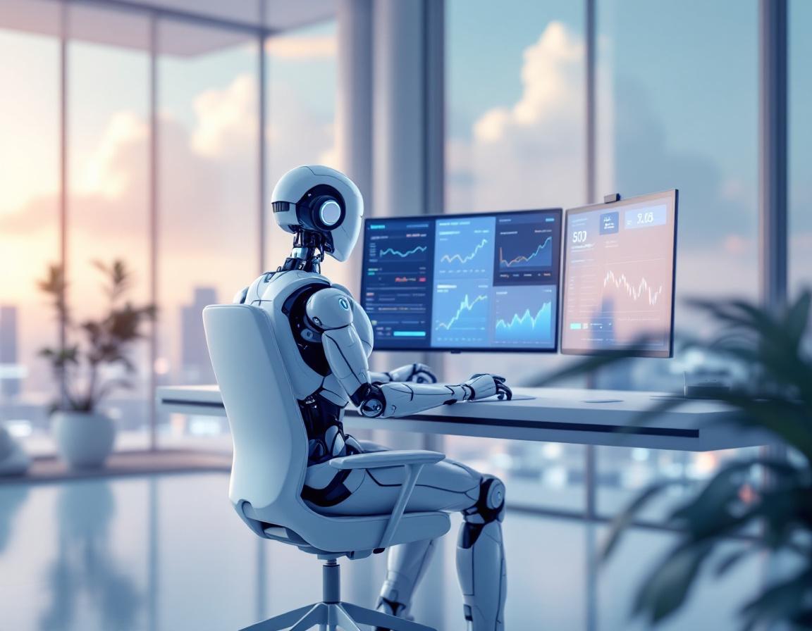 A hyper-realistic AI trading bot analyzes market data at a sleek workstation, surrounded by screens.