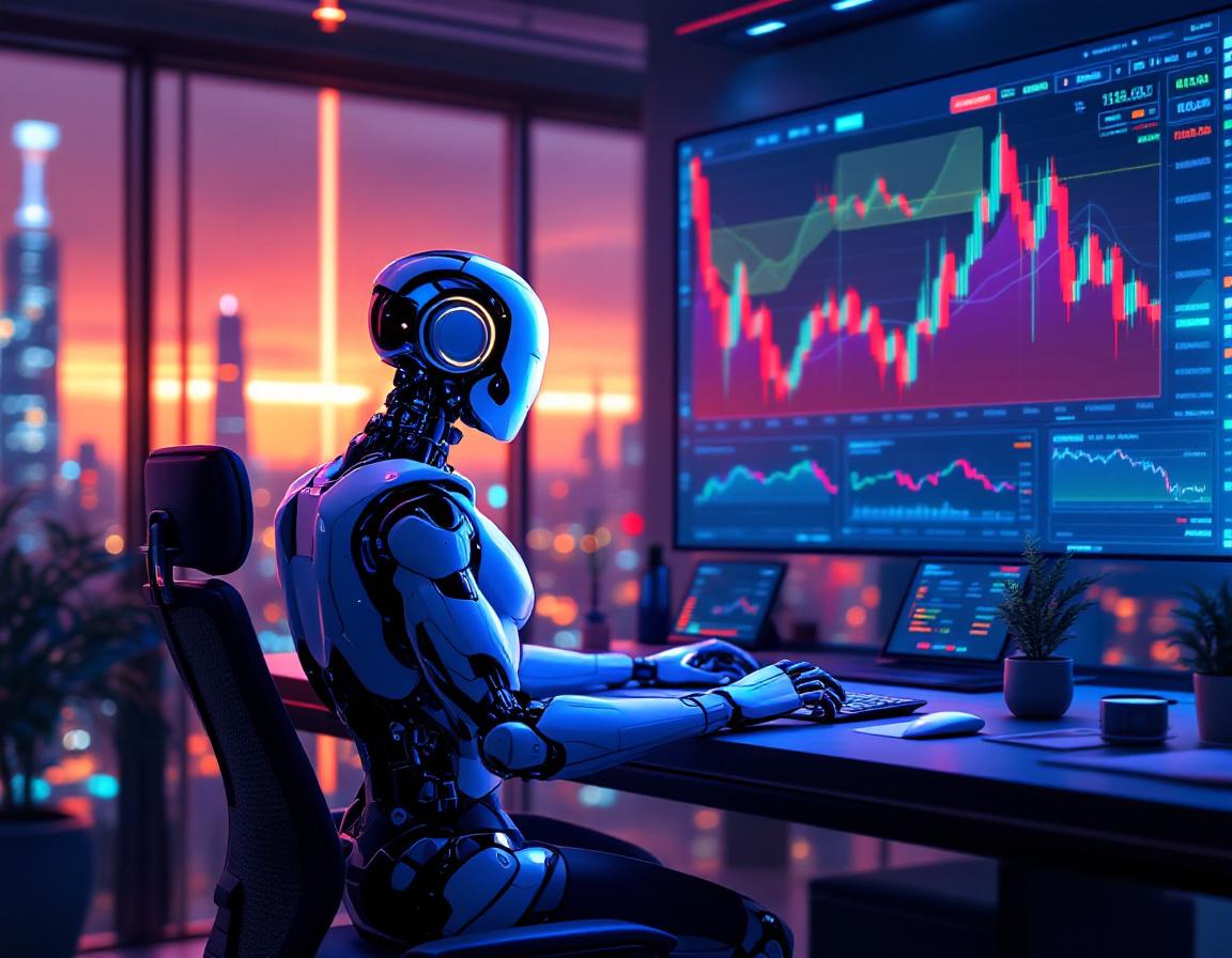 A humanoid AI trading bot at a high-tech workstation analyzing market data on multiple screens.