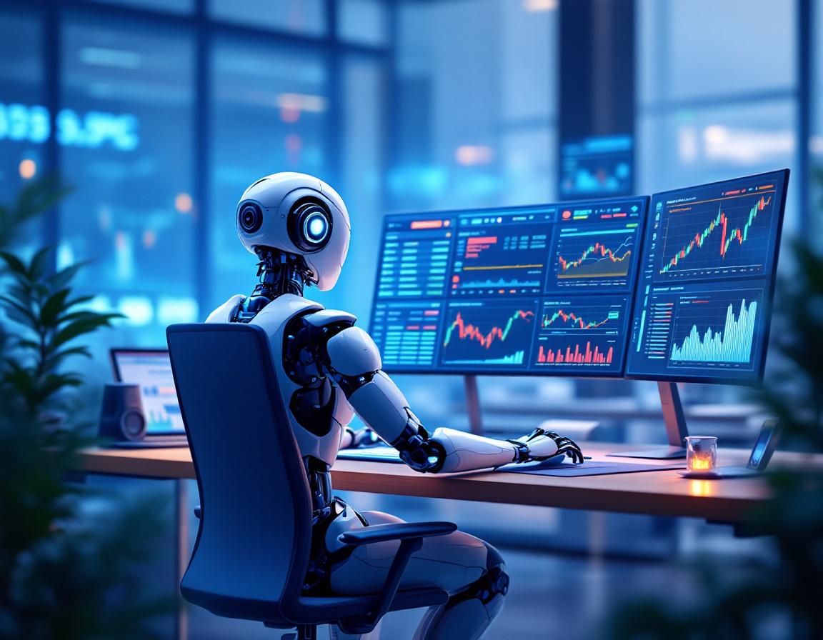 A hyper-realistic AI trading bot analyzes market data on screens in a futuristic financial setting.
