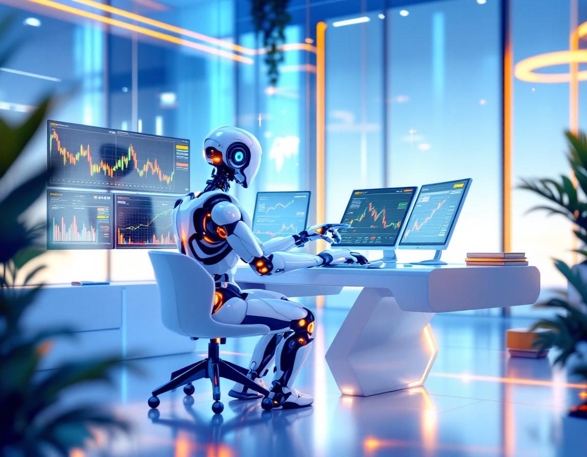 A humanoid AI trading bot at a high-tech workstation analyzes market data with multiple screens.