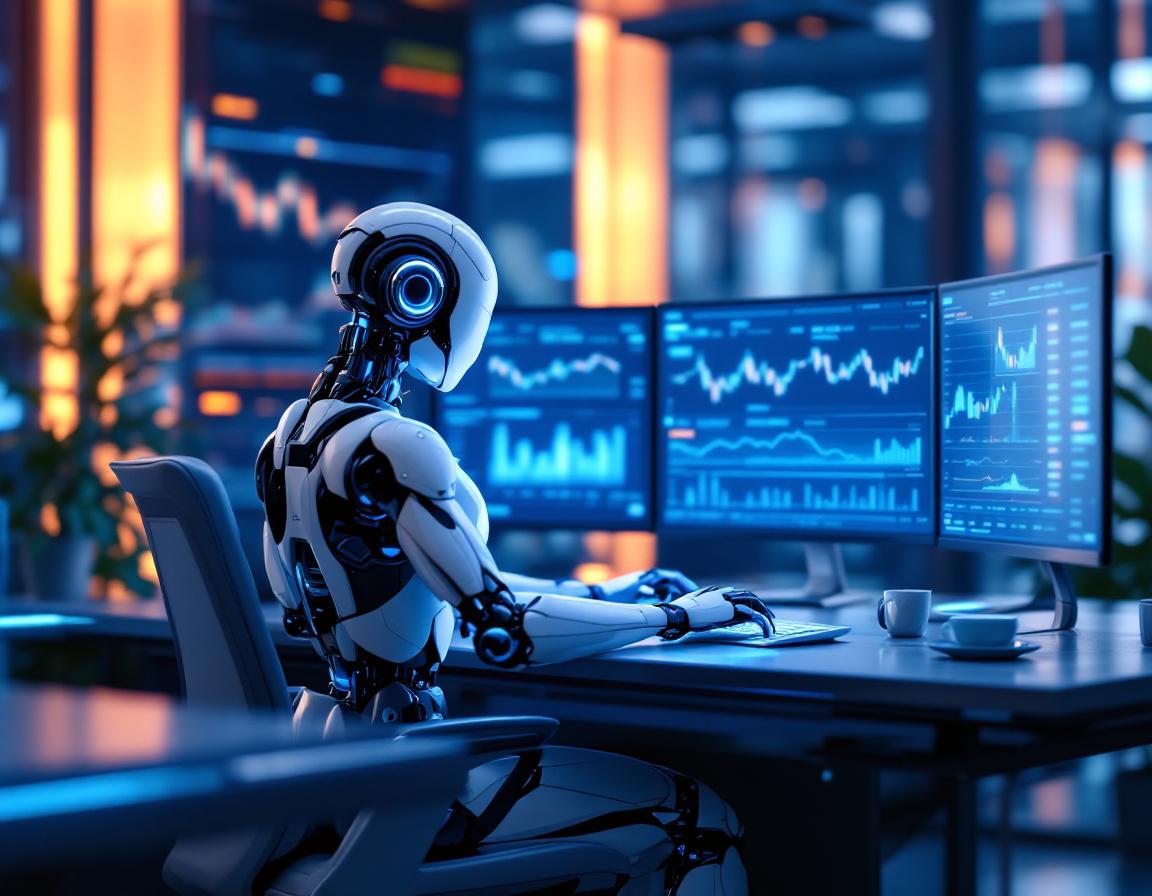 A hyper-realistic AI trading bot at a high-tech workstation analyzing stock and crypto market data.