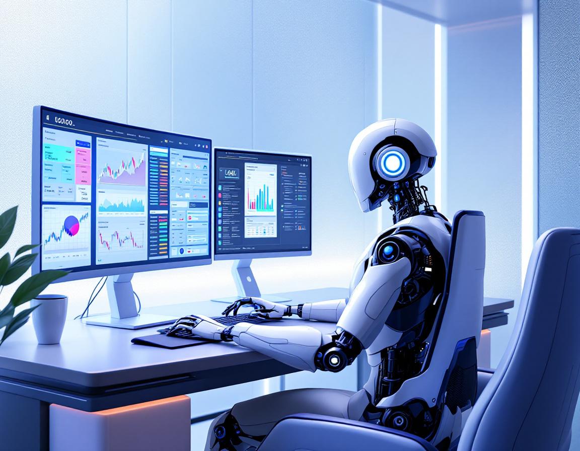A humanoid AI trading bot analyzes market data at a high-tech workstation, surrounded by screens.