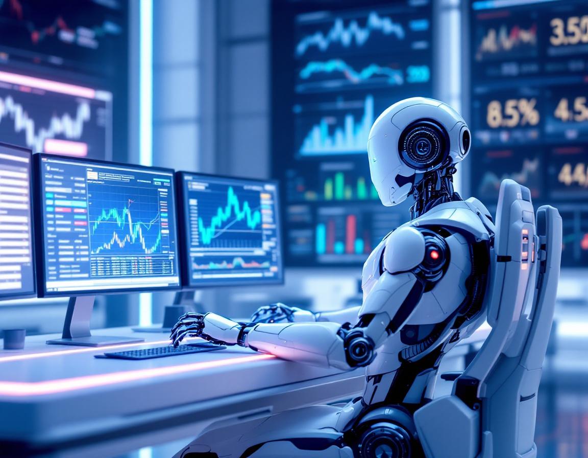 A hyper-realistic AI trading bot in a futuristic workstation analyzing crypto and stock market data.