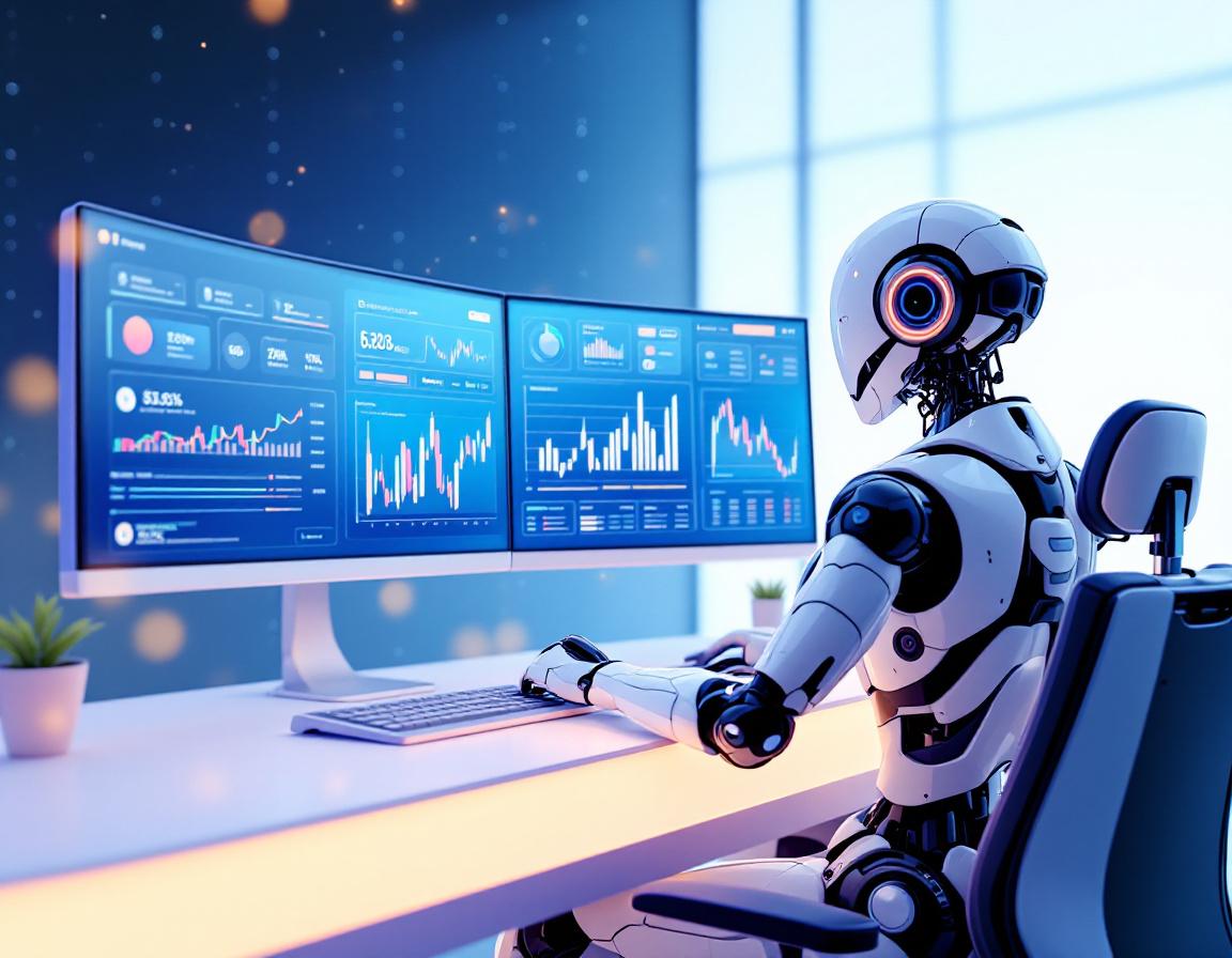 Hyper-realistic AI trading bot at workstation analyzing data across screens in futuristic setting.