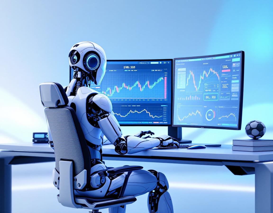A hyper-realistic AI trading bot at a workstation, analyzing data across multiple financial screens.