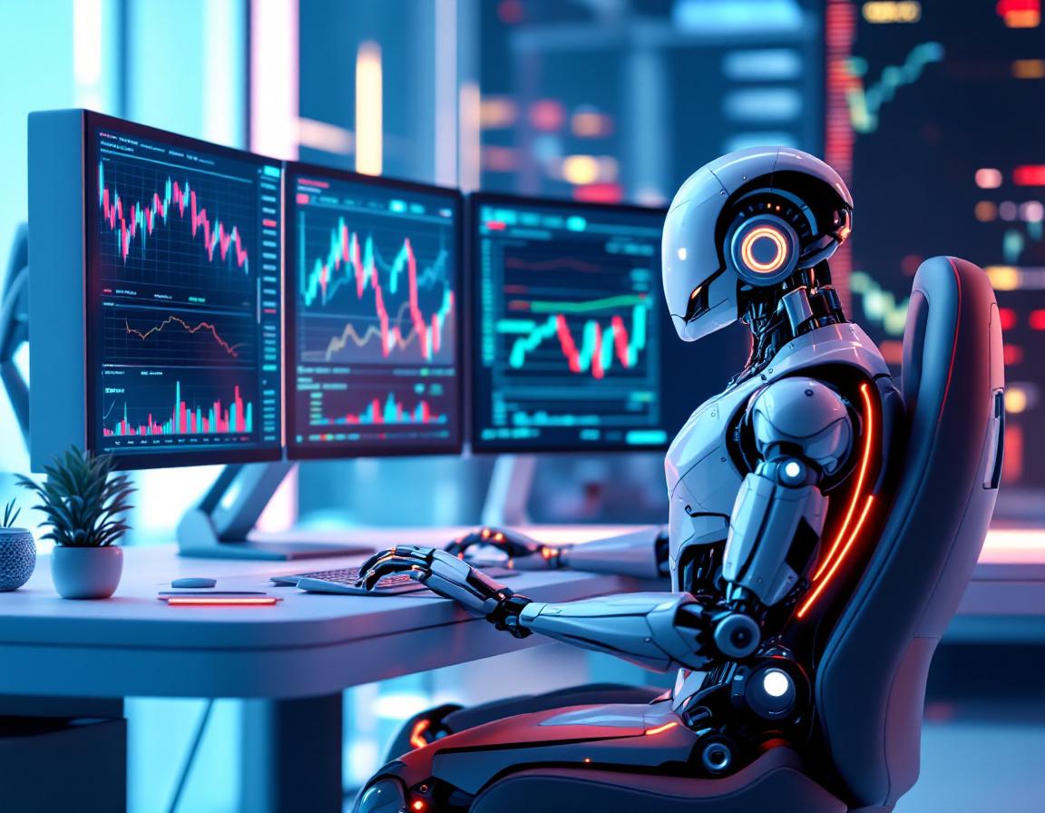 A hyper-realistic AI trading bot at a workstation, analyzing market data on multiple screens.