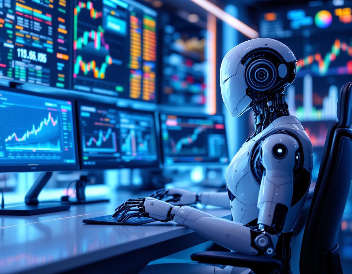 A humanoid AI trading bot at a high-tech workstation analyzing market data on multiple screens.
