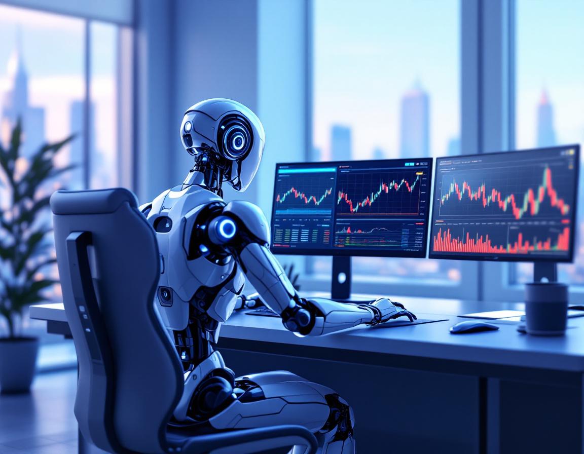 A hyper-realistic AI trading bot at a workstation analyzing market data across multiple screens.