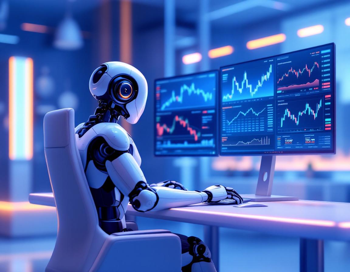 A humanoid AI trading bot analyzes market data at a high-tech workstation with multiple screens.
