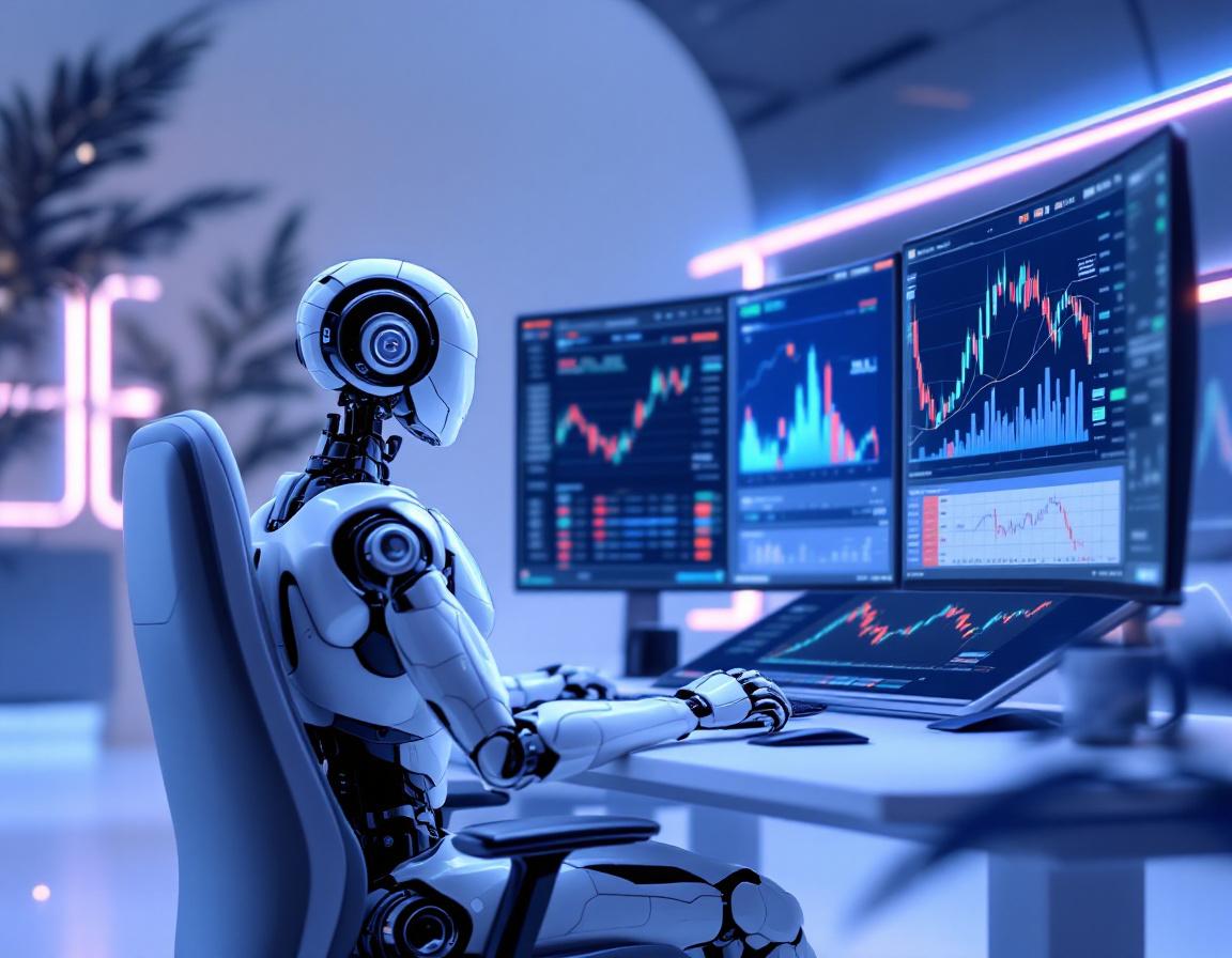 A hyper-realistic AI trading bot at a workstation analyzes market data across multiple screens.
