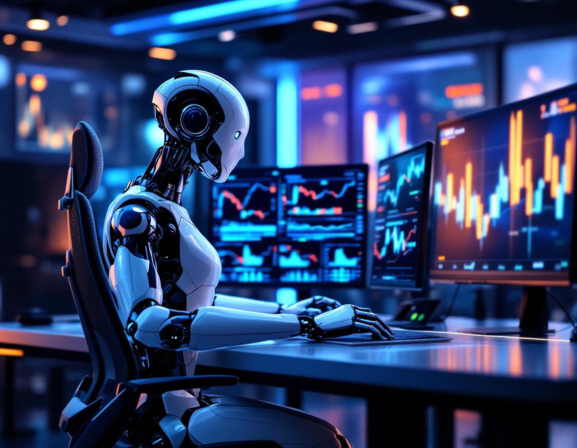 A hyper-realistic AI trading bot at a workstation, analyzing market data across multiple screens.