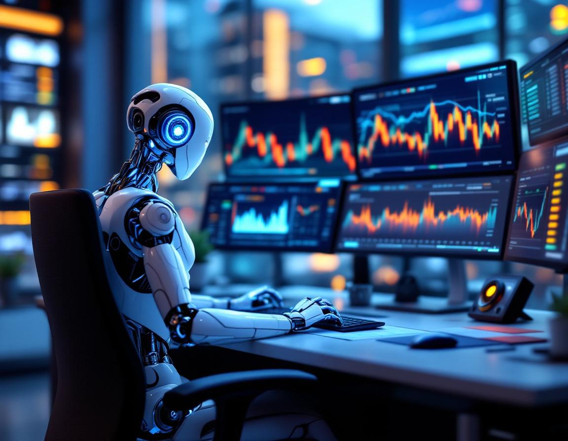 A hyper-realistic AI trading bot at a workstation, analyzing crypto data across multiple screens.
