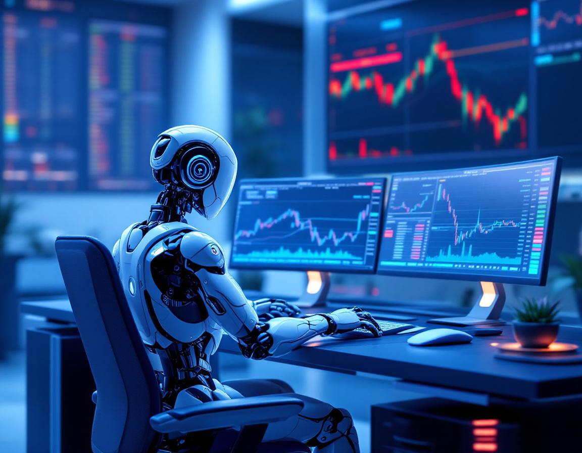 A sleek humanoid AI trading bot at a high-tech workstation analyzing data across multiple screens.