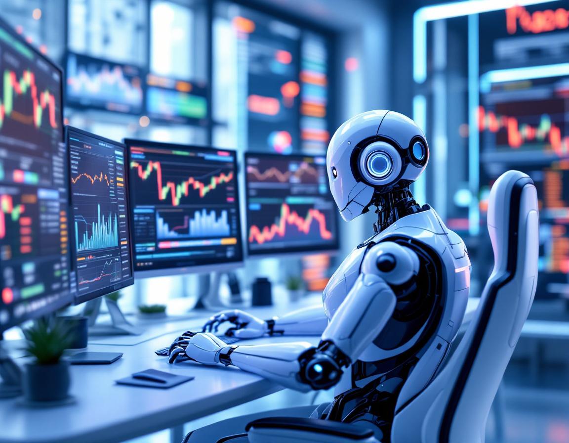 A humanoid AI trading bot analyzes market data at a high-tech workstation with multiple screens.