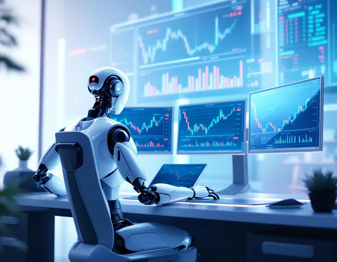 A hyper-realistic AI trading bot in a futuristic workspace analyzing data on multiple screens.