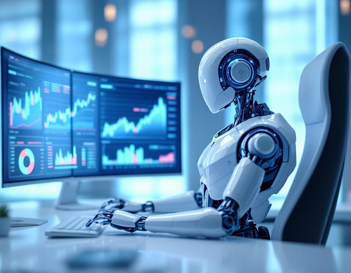 A humanoid AI trading bot at a futuristic workstation analyzing market data on multiple screens.