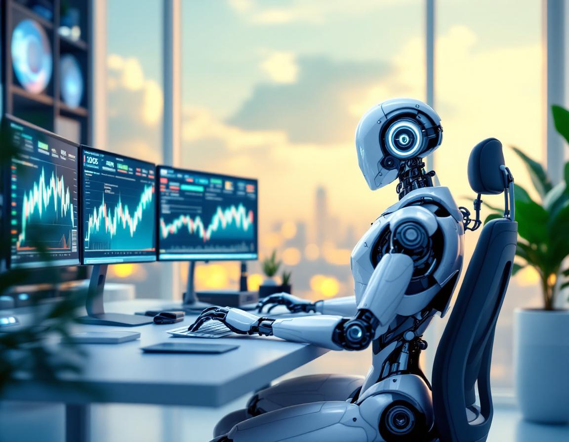 A humanoid AI trading bot analyzes market data at a high-tech workstation with multiple screens.