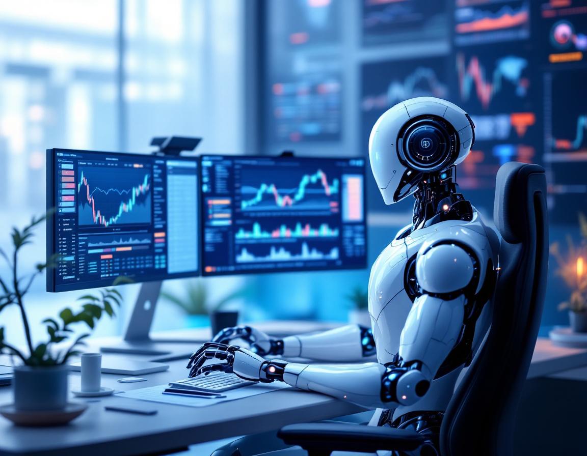 A hyper-realistic AI trading bot at a high-tech workstation analyzing stock and crypto market data.