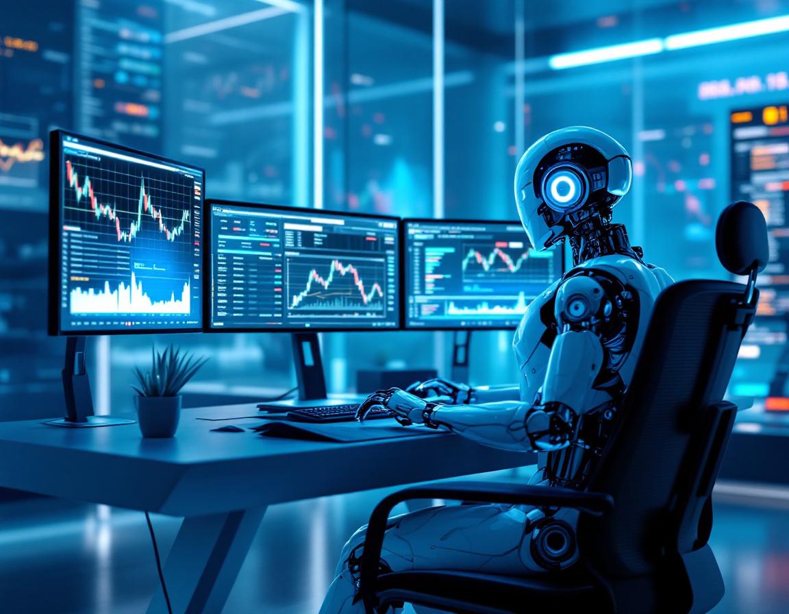 A humanoid AI trading bot at a high-tech workstation analyzing market data on multiple screens.