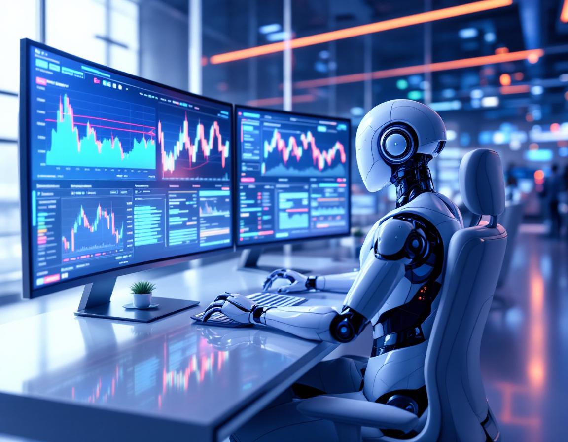 A sleek humanoid AI trading bot seated at a workstation, analyzing market data on multiple screens.