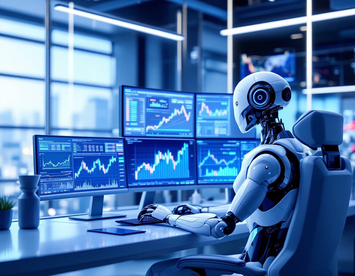 A hyper-realistic AI trading bot at a high-tech workstation, analyzing crypto and stock market data.