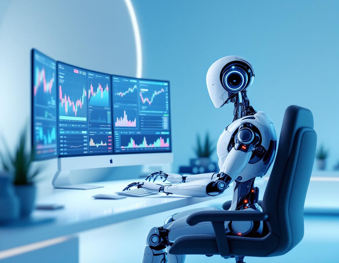 A hyper-realistic AI trading bot at a workstation, analyzing market data on multiple screens in 3D.