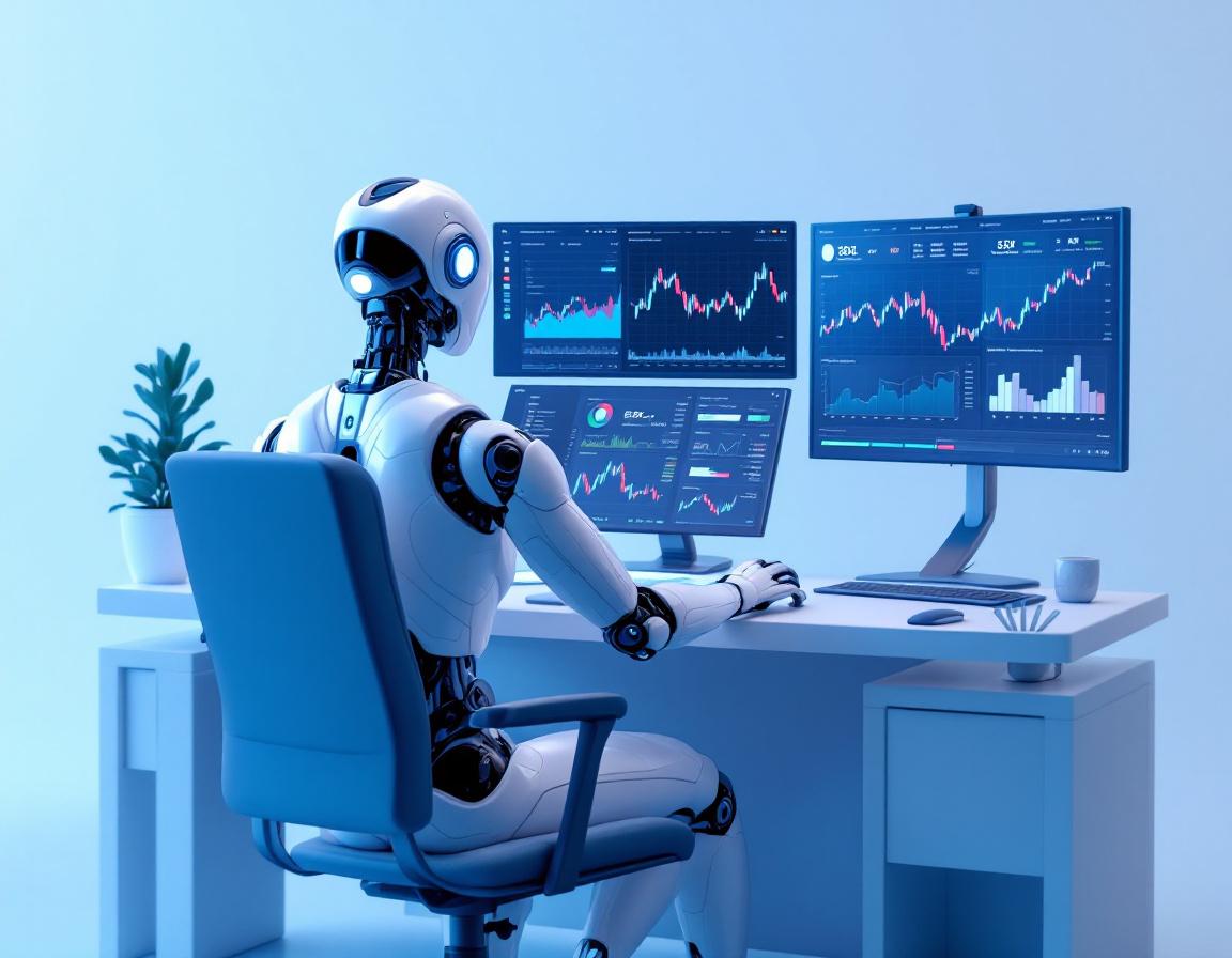 A hyper-realistic AI trading bot analyzes market data in a futuristic setting with multiple screens.
