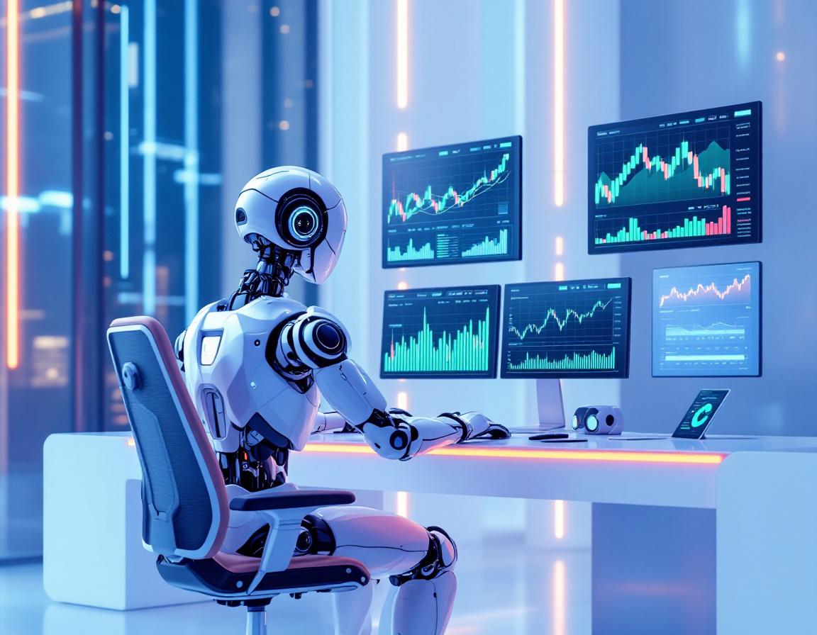 A humanoid AI trading bot in a futuristic workspace analyzing market data on multiple screens.