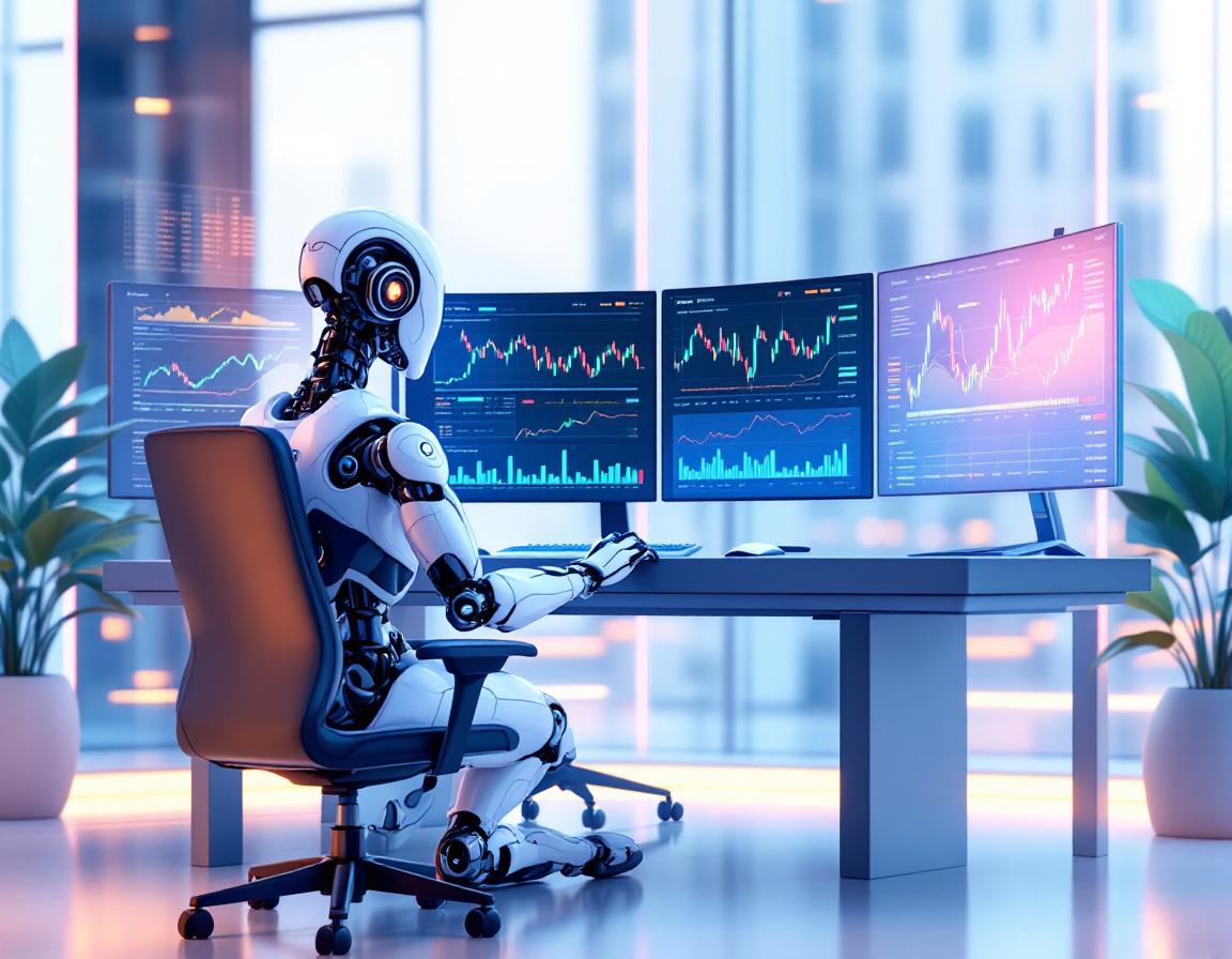 A hyper-realistic AI trading bot at a high-tech workstation analyzing stock and crypto market data.