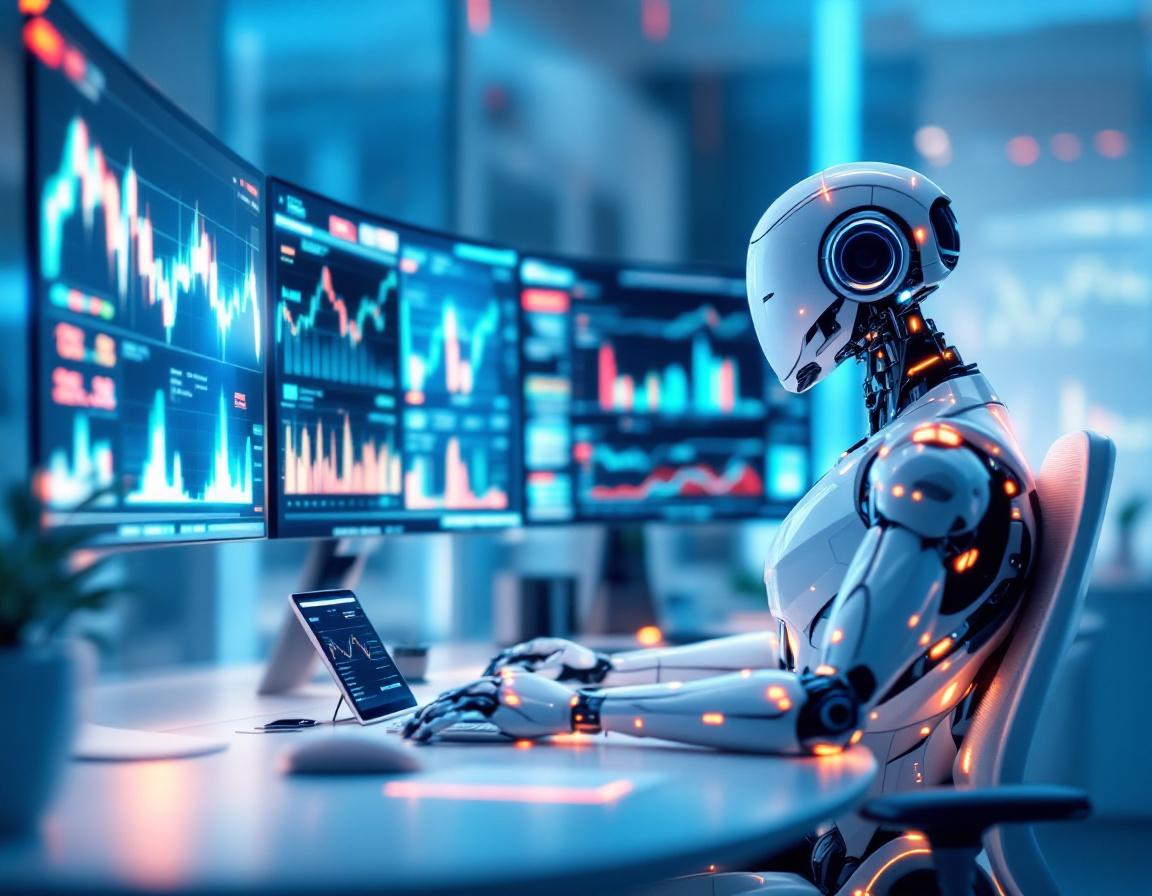 A hyper-realistic AI trading bot at a high-tech workstation analyzing crypto and stock market data.