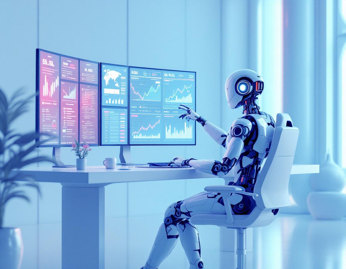 A hyper-realistic AI trading bot at a high-tech workstation analyzing market data on screens.