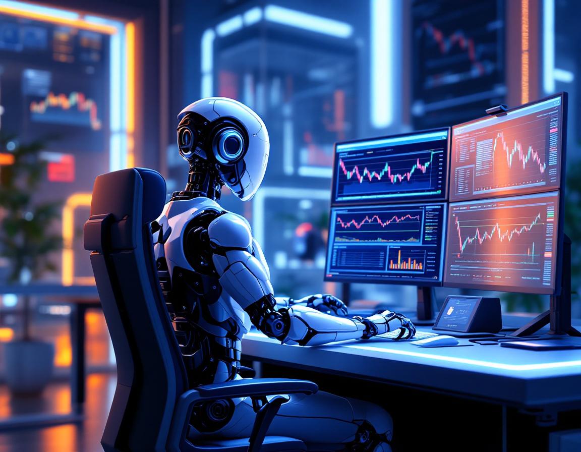 A hyper-realistic AI trading bot at a workstation, analyzing data across multiple vibrant screens.