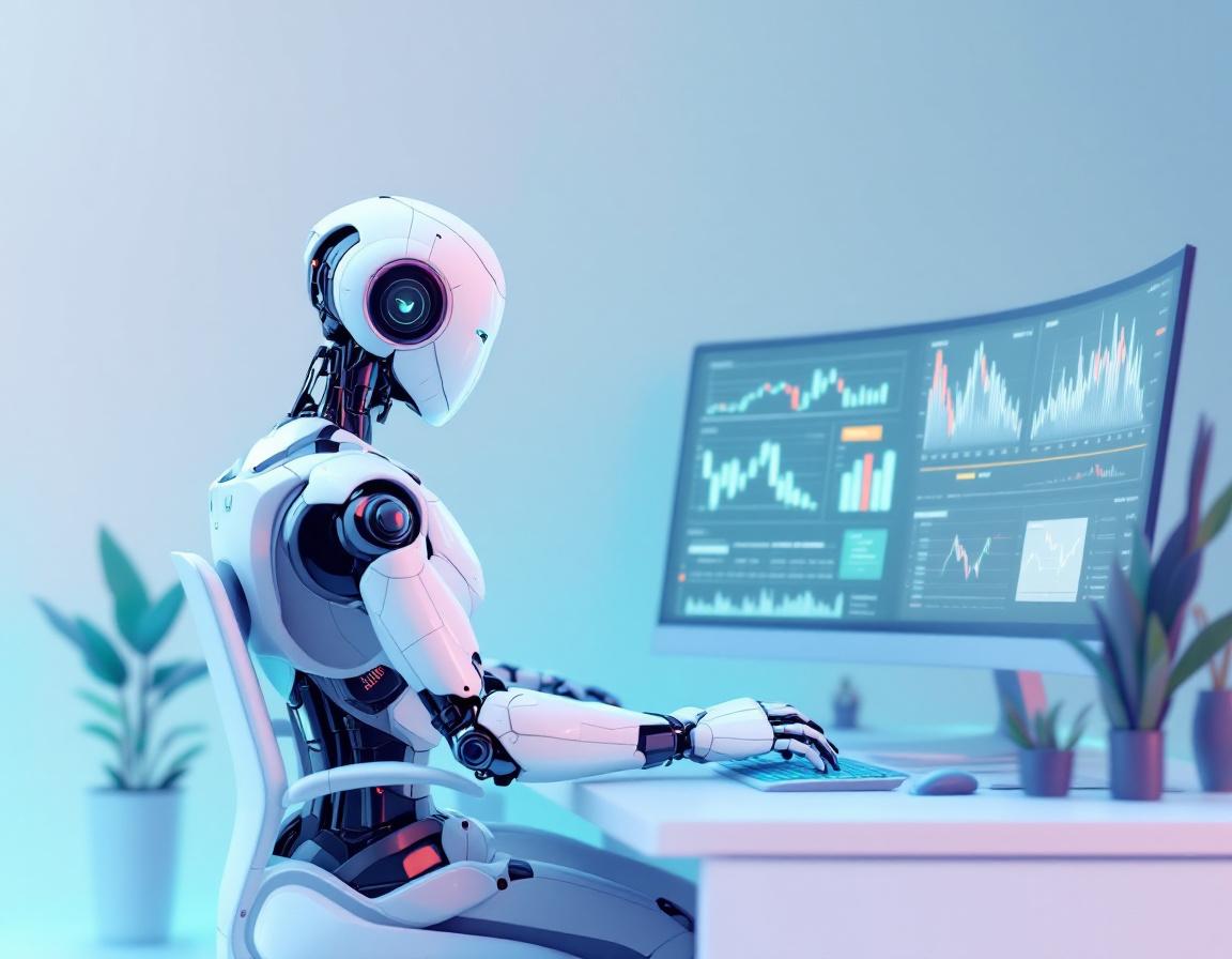 A hyper-realistic AI trading bot at a futuristic workstation analyzing crypto and stock market data.