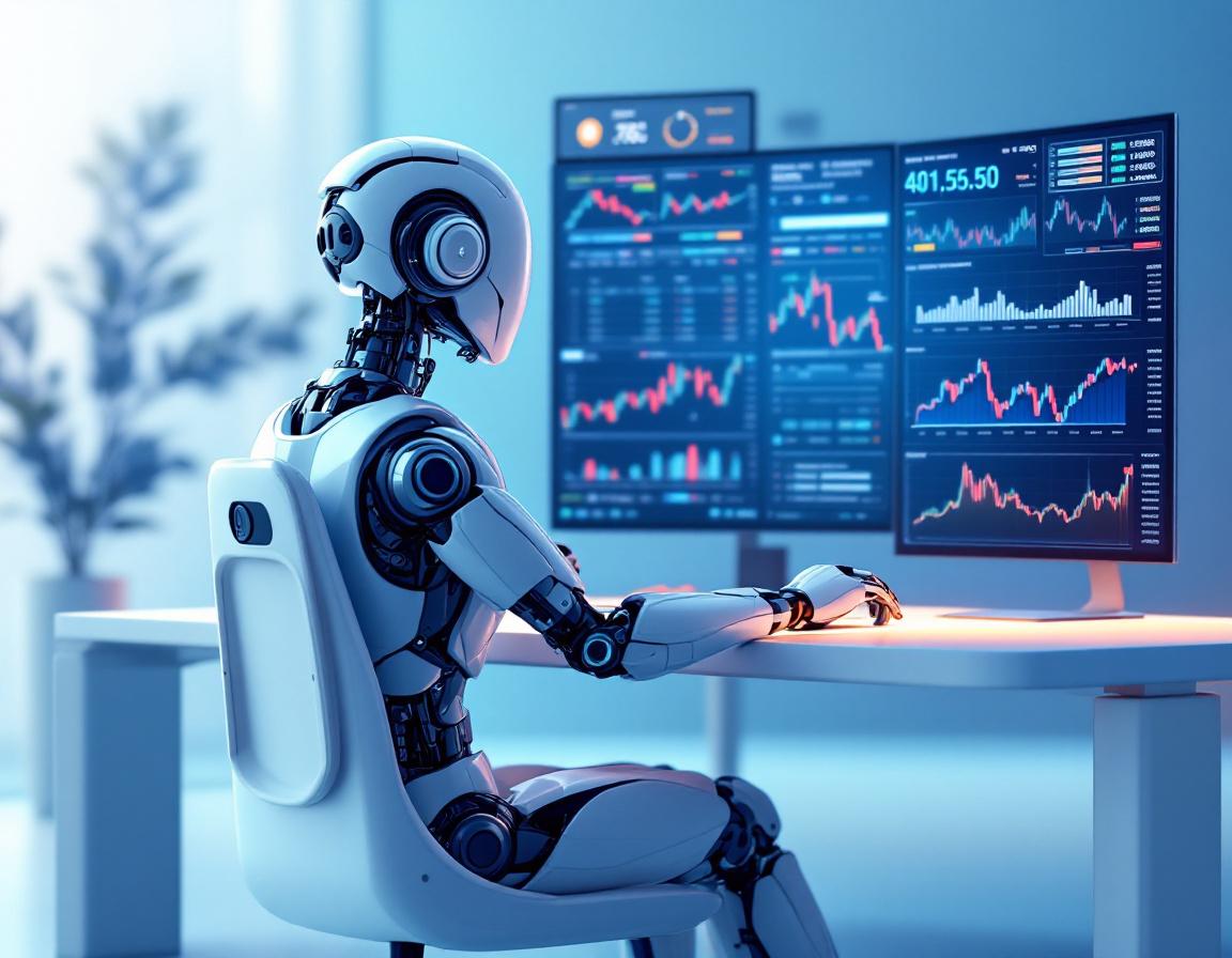 A hyper-realistic AI trading bot at a high-tech workstation, analyzing crypto and stock market data.