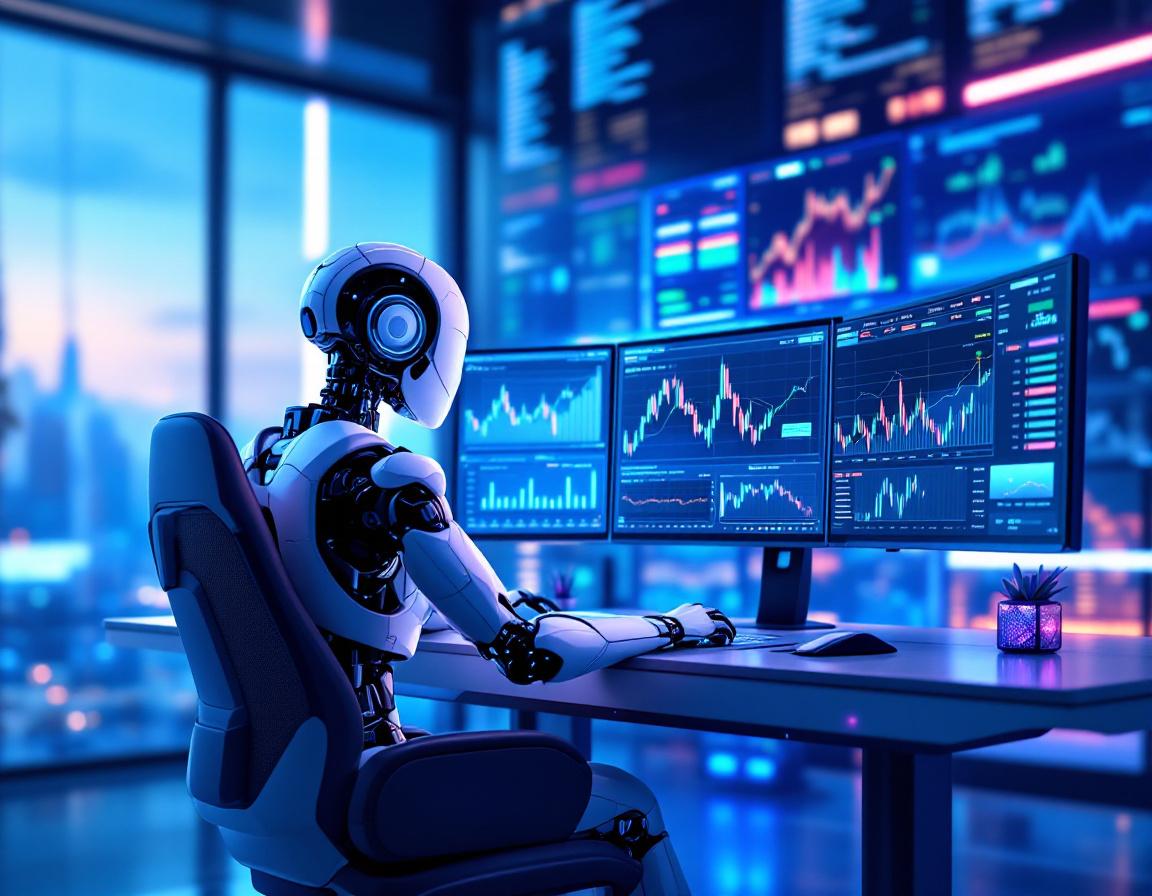 A hyper-realistic AI trading bot at a workstation analyzing market data on multiple screens.