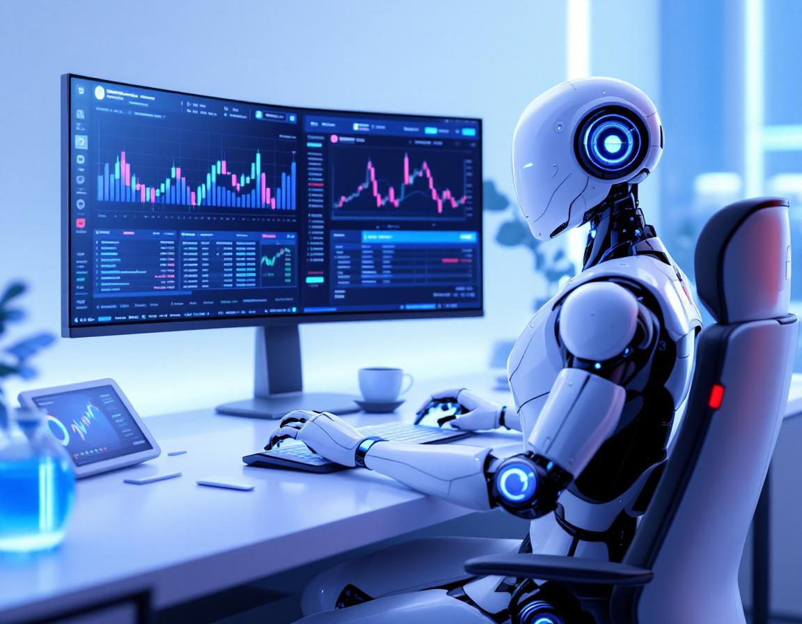 A hyper-realistic AI trading bot at a high-tech workstation analyzing stock and crypto market data.