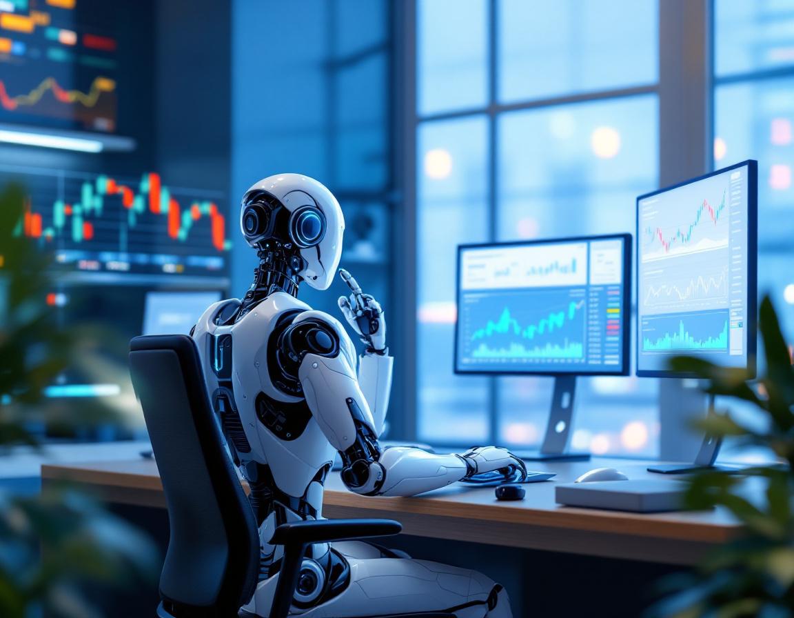 A humanoid AI trading bot analyzes market data at a futuristic workstation surrounded by screens.