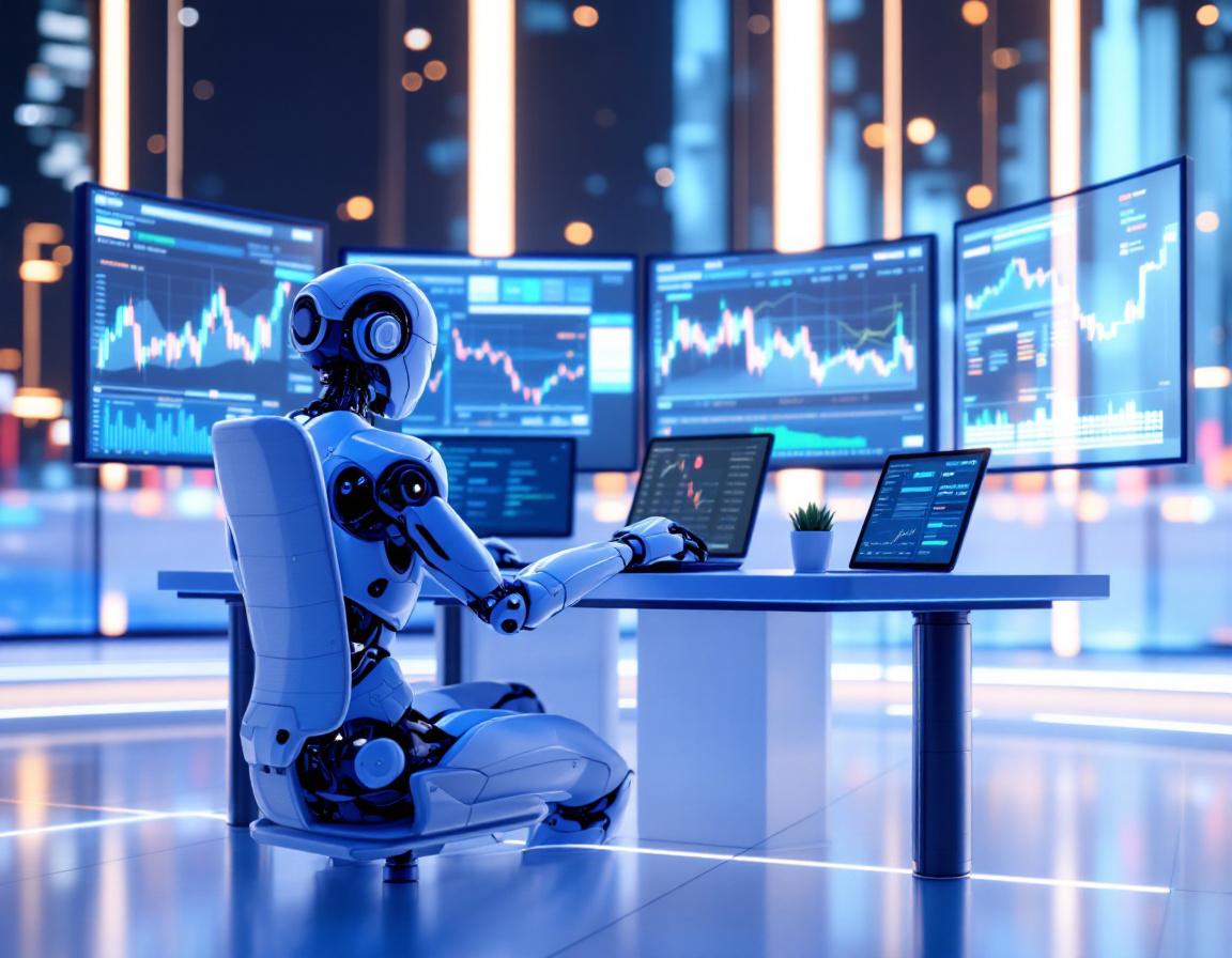 A humanoid AI trading bot analyzes market data at a high-tech workstation with multiple screens.