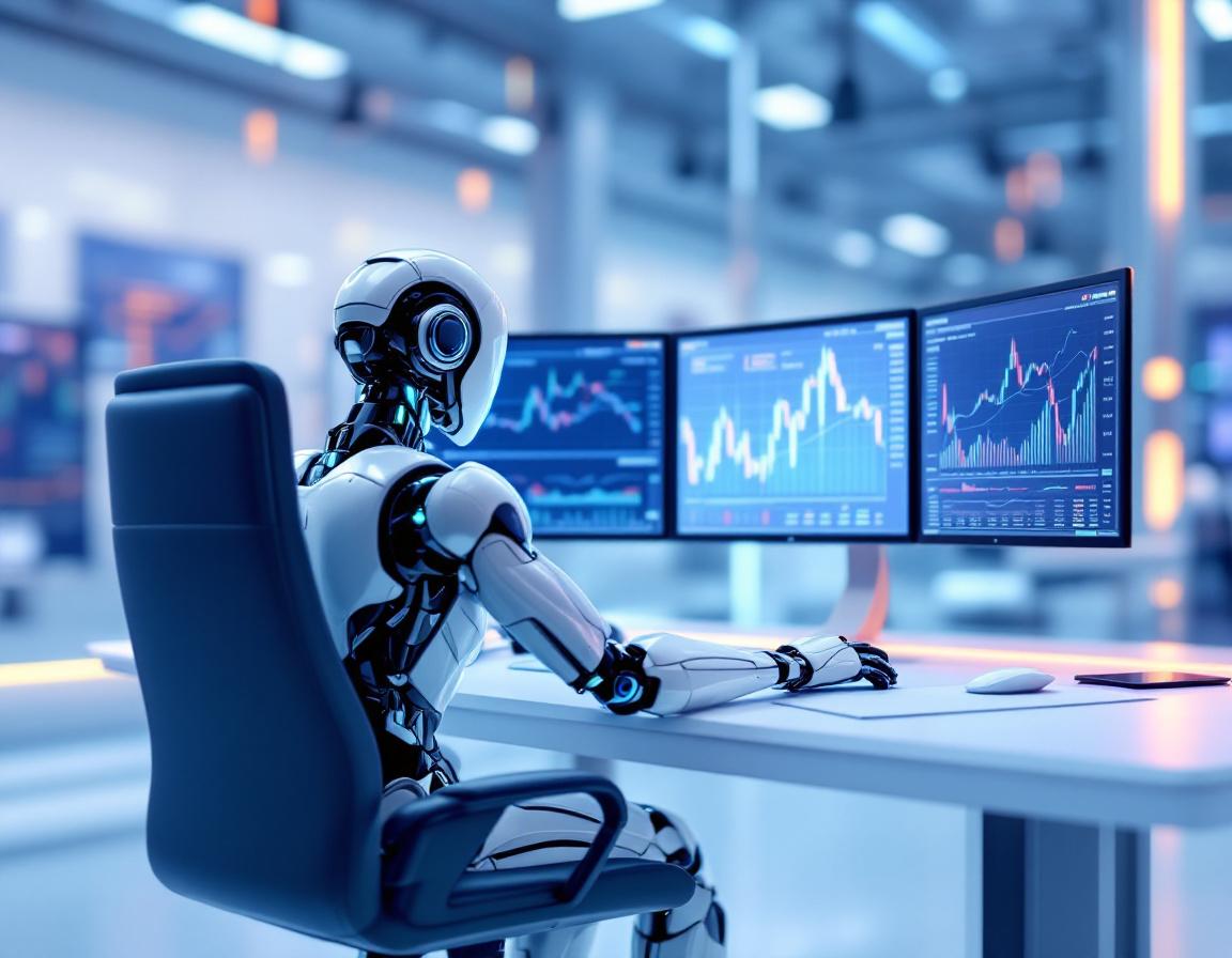 A humanoid AI trading bot at a high-tech workstation analyzing market data on multiple screens.