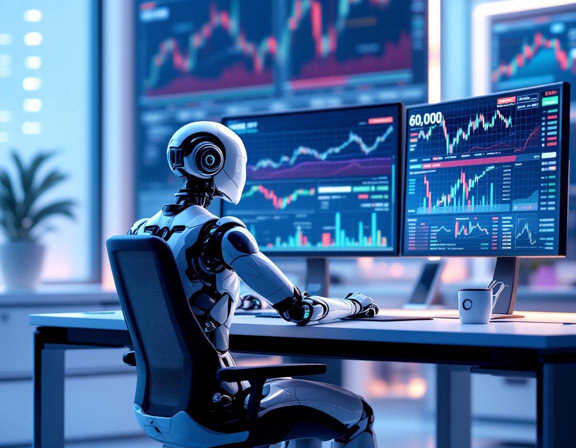 A humanoid AI trading bot analyzes market data at a high-tech workstation with glowing screens.