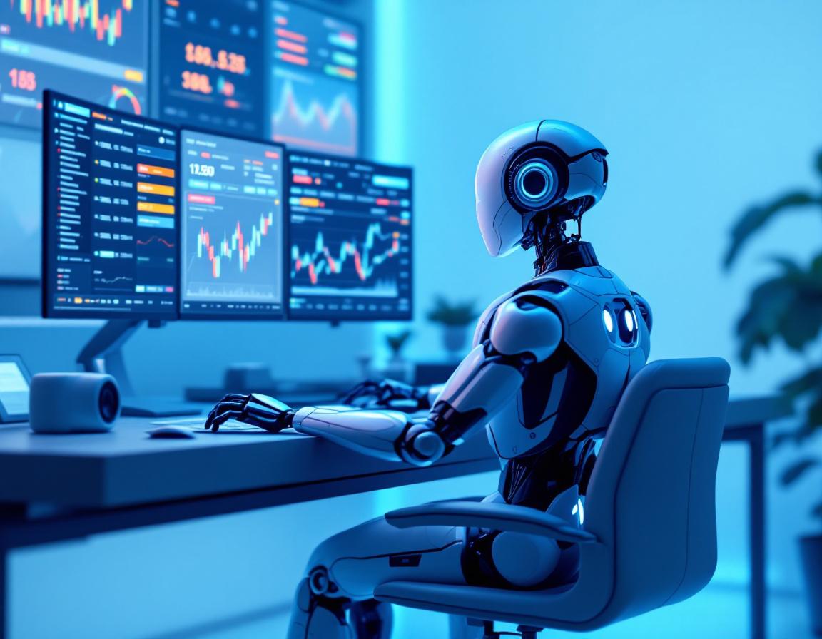 A futuristic AI trading bot analyzes market data at a high-tech workstation with vibrant screens.