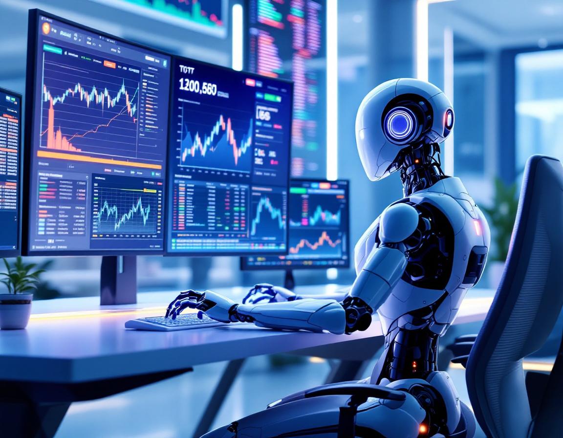 A hyper-realistic AI trading bot in a futuristic environment analyzing crypto and stock market data.