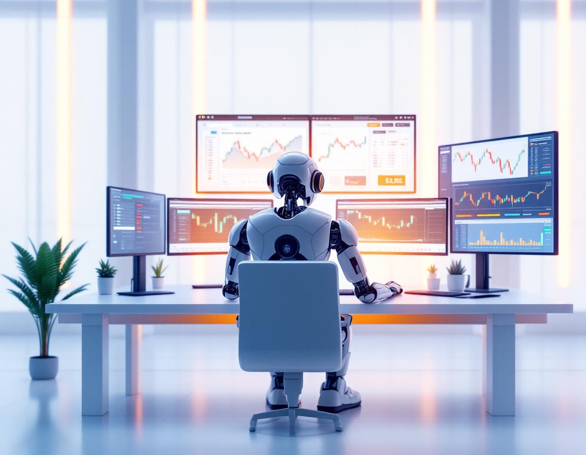 A futuristic AI trading bot at a high-tech workstation analyzing market data on multiple screens.