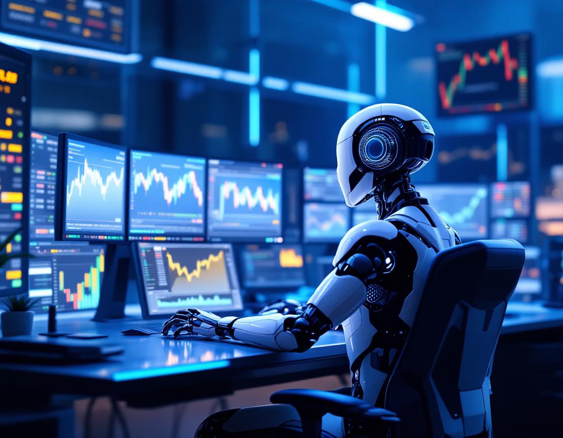 A hyper-realistic AI trading bot at a high-tech workstation, analyzing data on multiple screens.